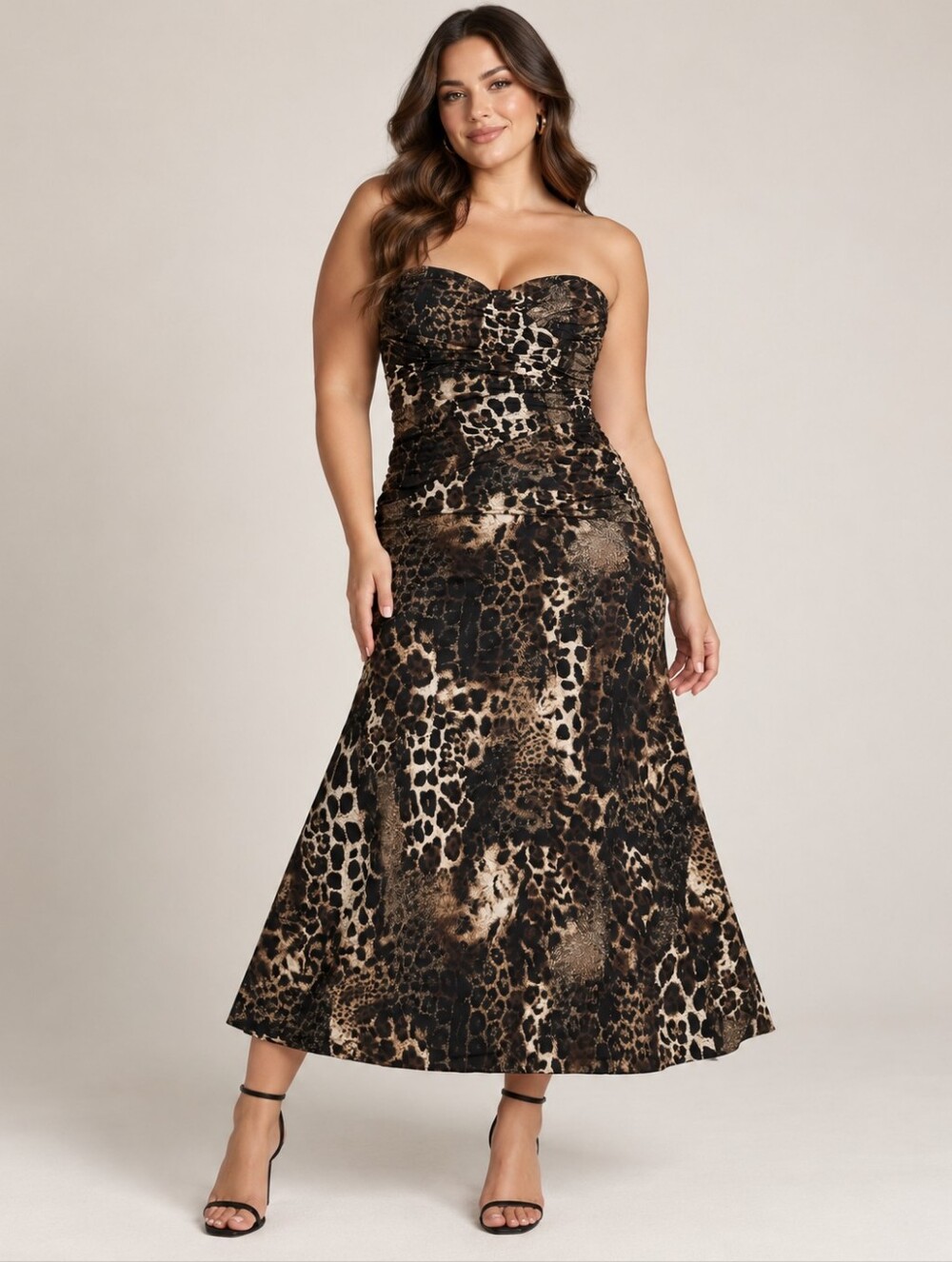 Strapless Leopard Print Midi Dress - Brown/Black